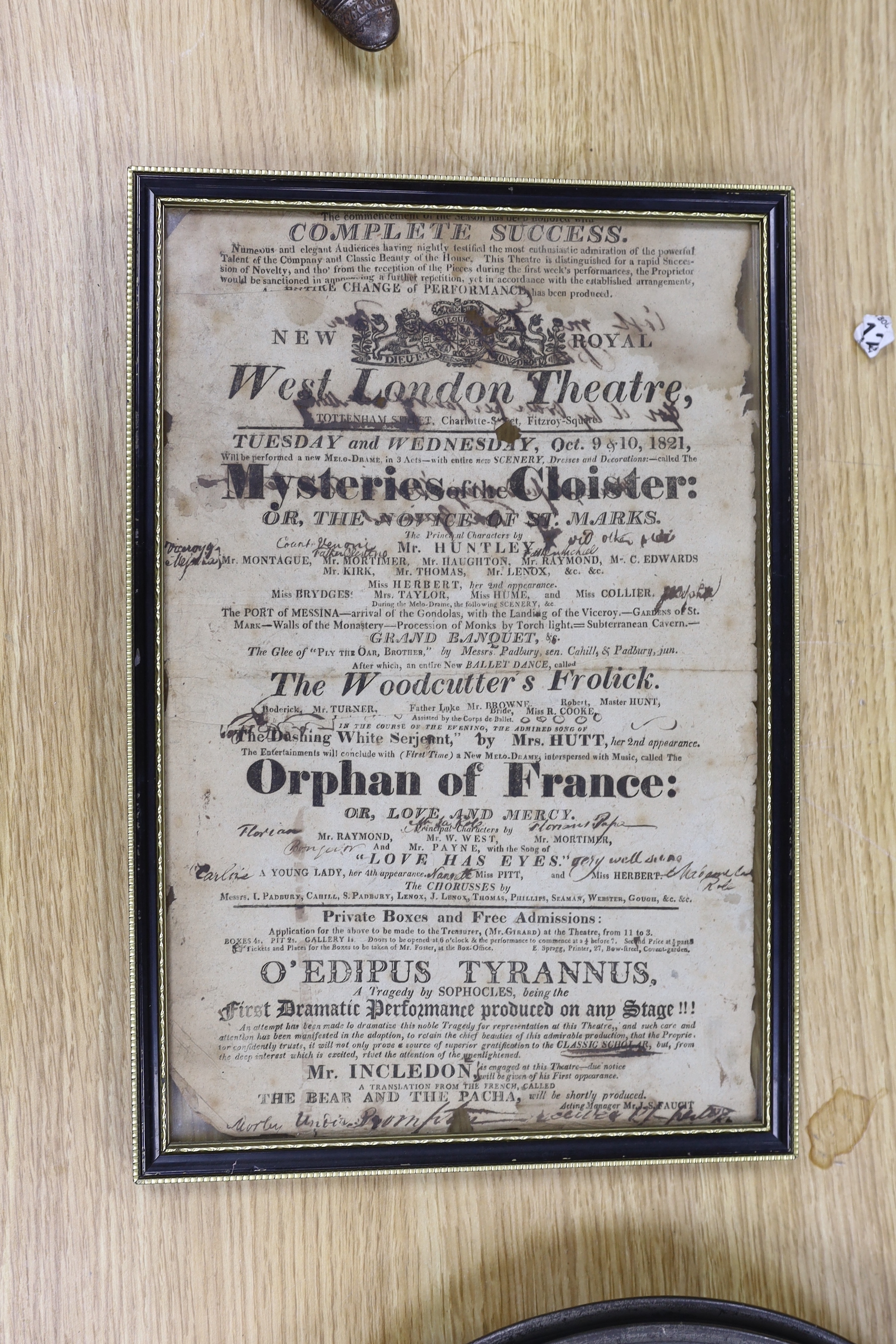 Three George IV London theatre playbills, one 1821 and two 1823, framed